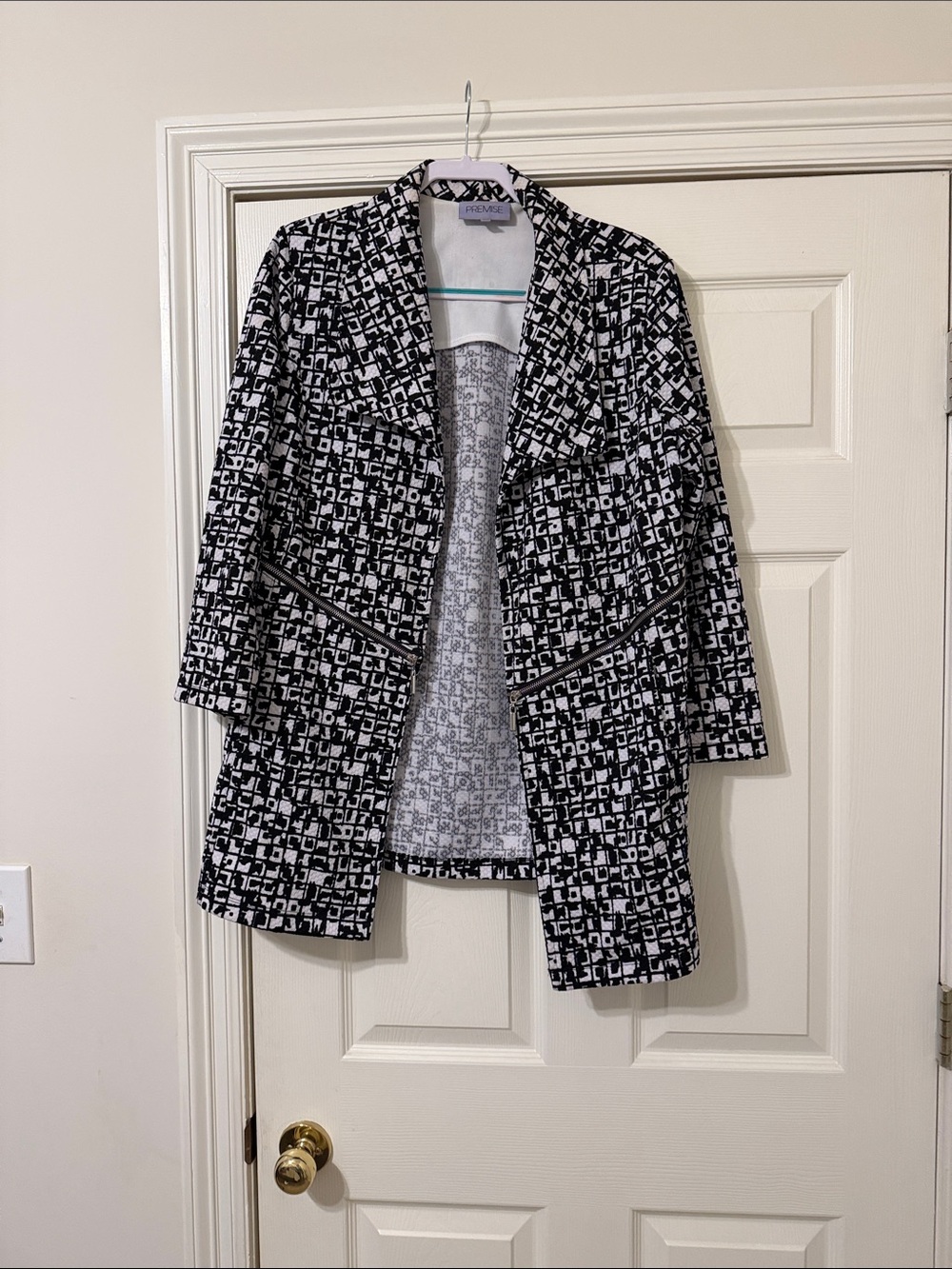 Premise Black and White Patterned Open-Front Coat